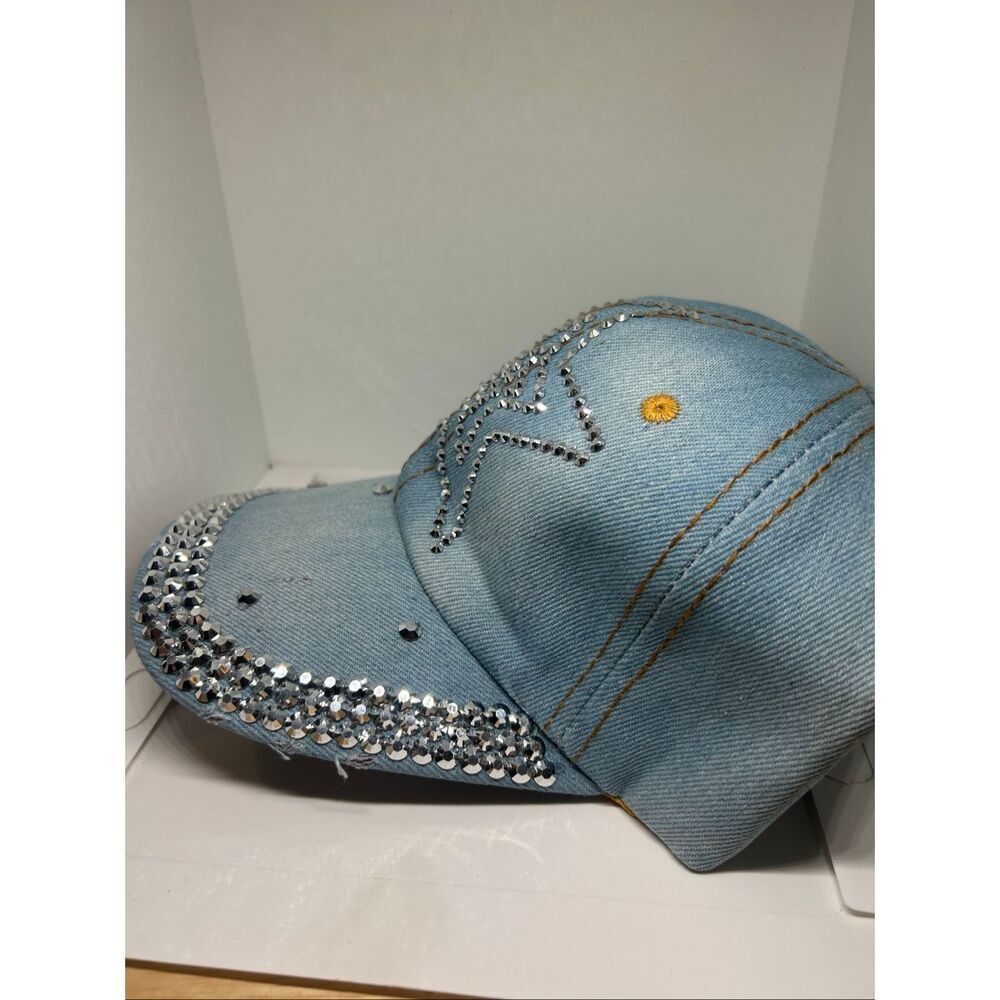 NEW Light Denim Rhinestone Star Bling Baseball Cap Adjustable Hat - Picture 3 of 4